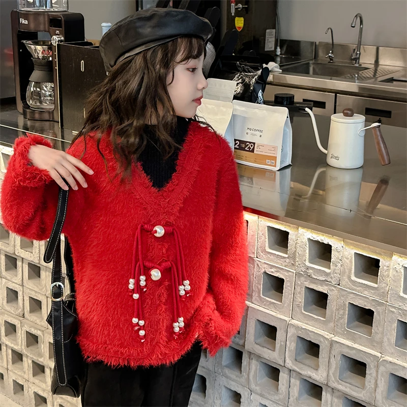 

New Children's Sweater Girls Coat New Years Red Pearl tassel Fake two sweater For 10 11 12 Yrs Girl Cute Warm Knit Pullovers Top