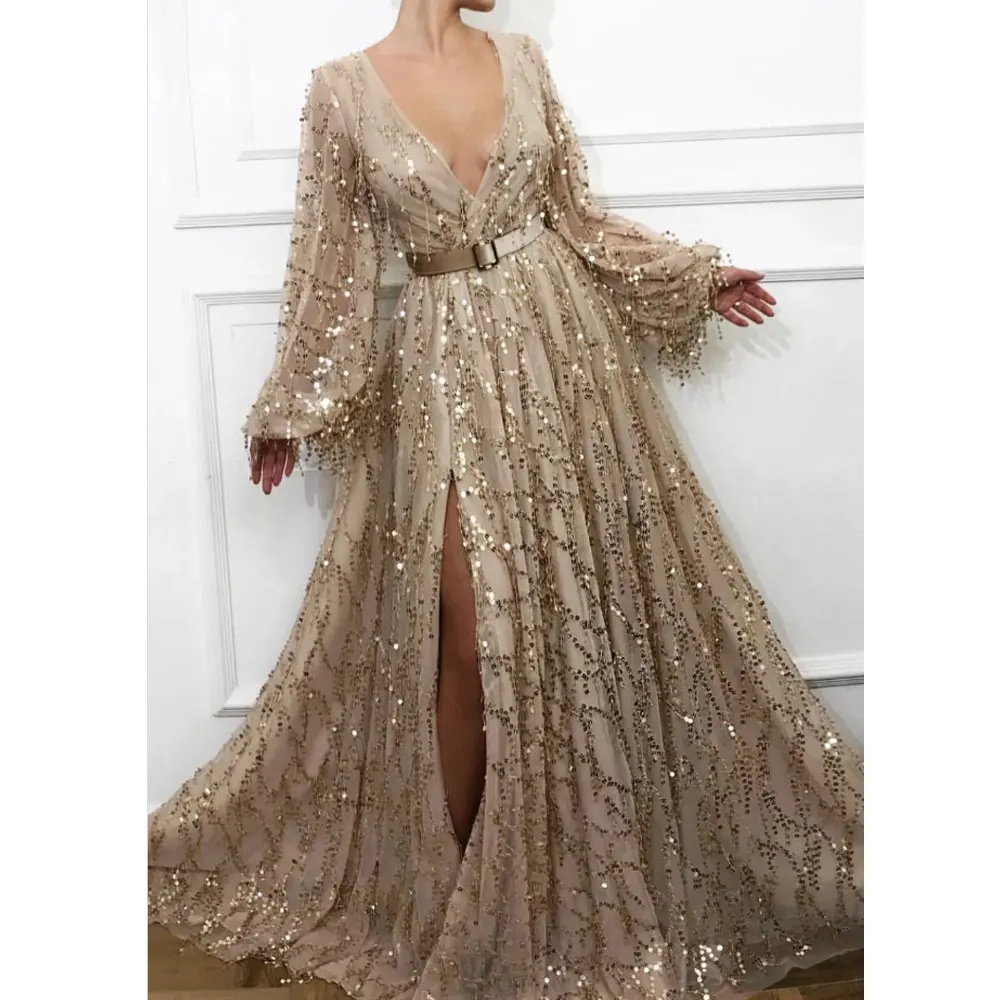 

Champagne Sexy Deep V-neck Evening Dresses Women Sequins Lace Dubai Saudi Arabic Prom Gowns Long Sleeves Formal Party Dress