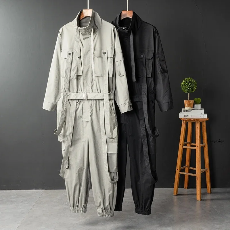 

High Street Men Overall Jumpsuit Hip Hop Streetwear Ankle Banded Pants Cargo Pants Fashion Costume Coverall Drawstring Beam Feet