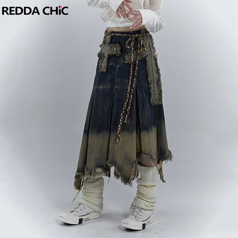 

ReddaChic Grayu Cross Stitch Long Jeans Skirt for Women 90s Retro 2k Frayed Irregular Ruffle Hem Midi Long Pleated Denim Skirt