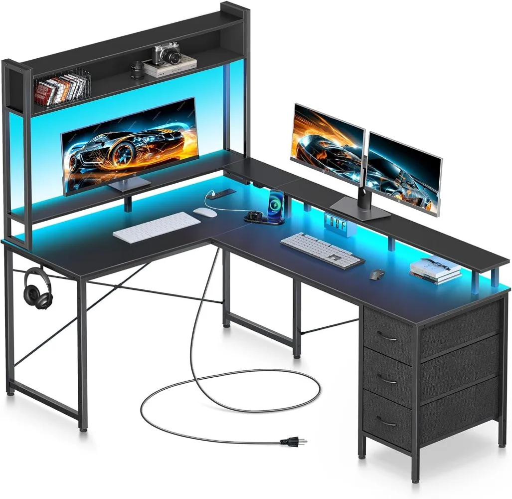 

Seventable Computer Desk L Shaped with LED Lights & Power Outlet, 56" Reversible Gaming Desk with 3 Drawers & Storage Hutch