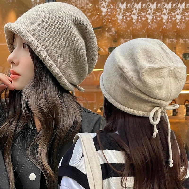 

Soft Knitted Baggy Beanie Hat Women Men Drawstring Kpop Slouchy Wool Cap Winter Spring Warm Skullcaps Outdoor Windproof Bonnet