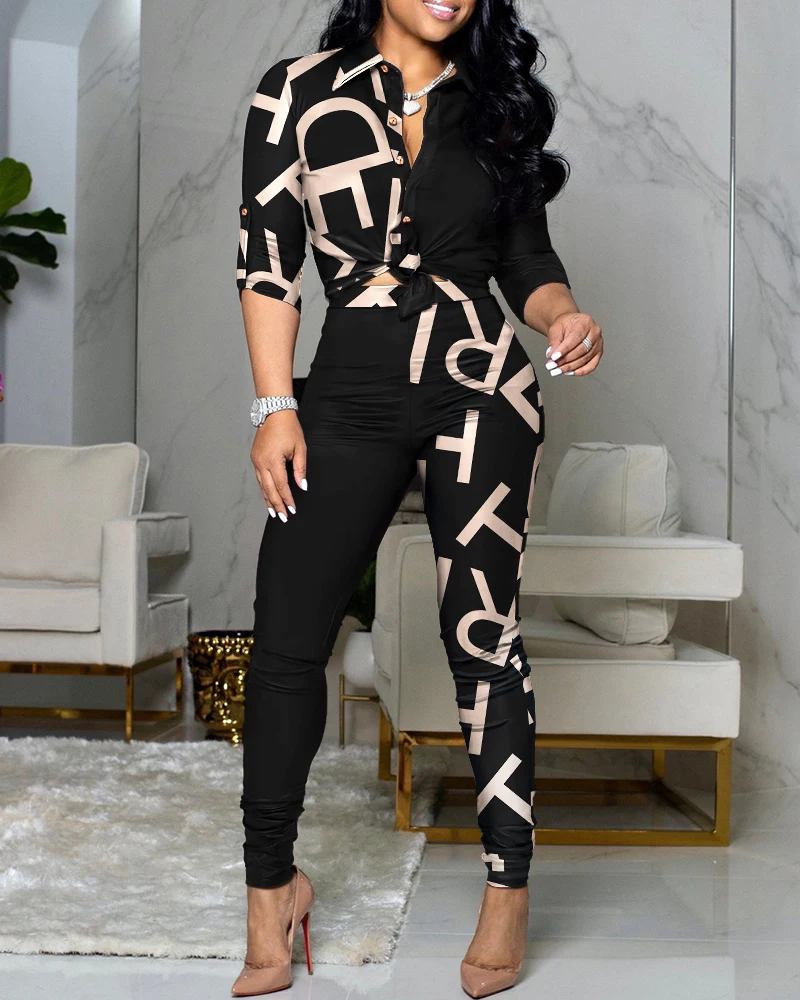 

2PCS Women Letter Print Colorblock Knot Front Buttoned Top High Waist Pants Set Autumn Streetwear Womens Two Piece Suit Office