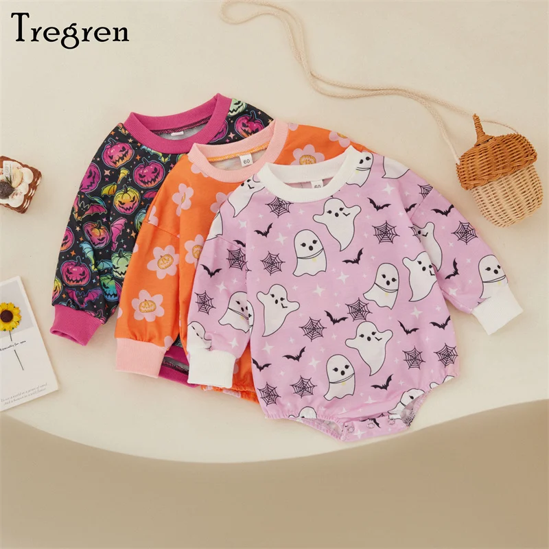 

Tregren 0-18M Halloween Romper Newborn Infant Baby Girls Long Sleeve Ghost Pumpkin Floral Print Jumpsuit Casual Fall Clothing