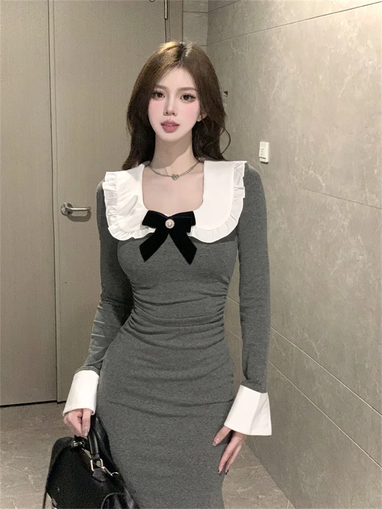 

Retro Bowtie Long Sleeve Dress Women Autumn Slim Waist Bodycon Long Dresses Cute Contrast Color Grey Midi Mermaid Dress Feminino