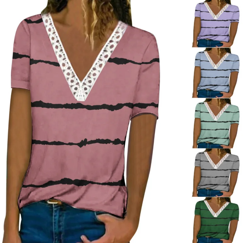 Casual Lace Pullover 2023 Summer New Short Sleeve Women's Fashion Sexy V-Neck Stripe Print Top Loose Plus Size Panel T-Shirt
Casual Lace Pullover 2023 Summer New Short Sleeve Women's Fashion Sexy V-Neck Stripe Print Top Loose Plus Size Panel T-Shirt