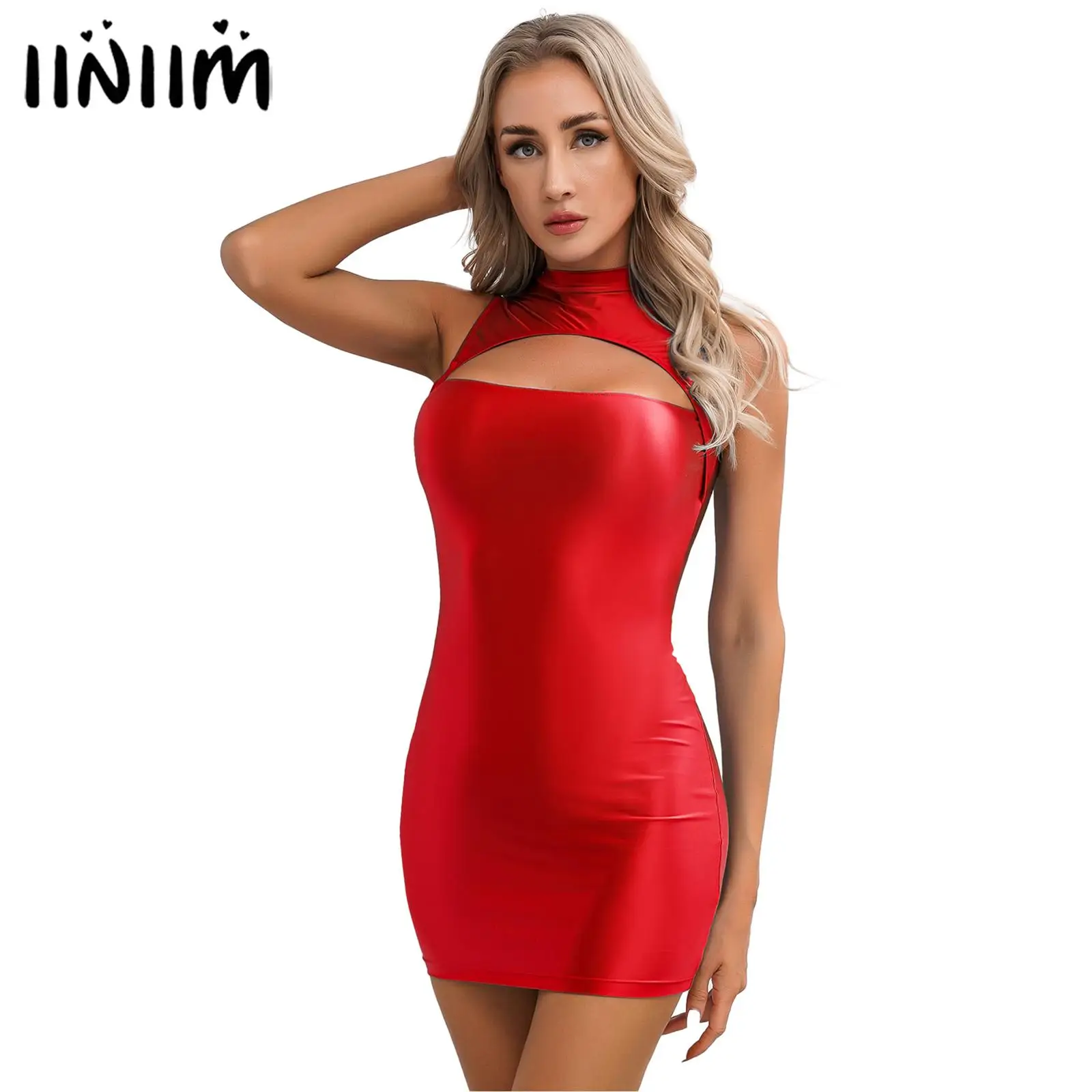 

Womens Smooth Cutout Front Pencil Dress Solid Color Glossy Mock Neck Sleeveless Sexy Bodycon Dresses for Nightclub Pool Party