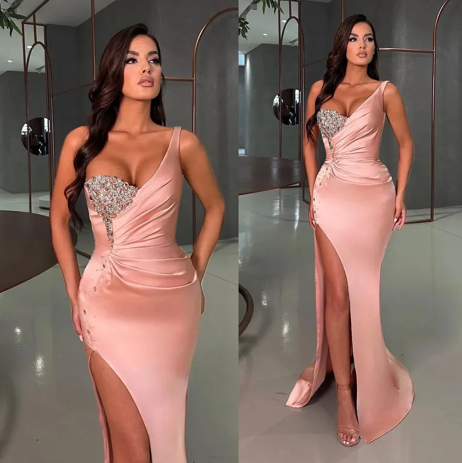 

Pink One Shoulder Prom Dresses with Split Beadings Satin Bead Mermaid Evening Party Gowns Sweep Train Vestidos de fiesta