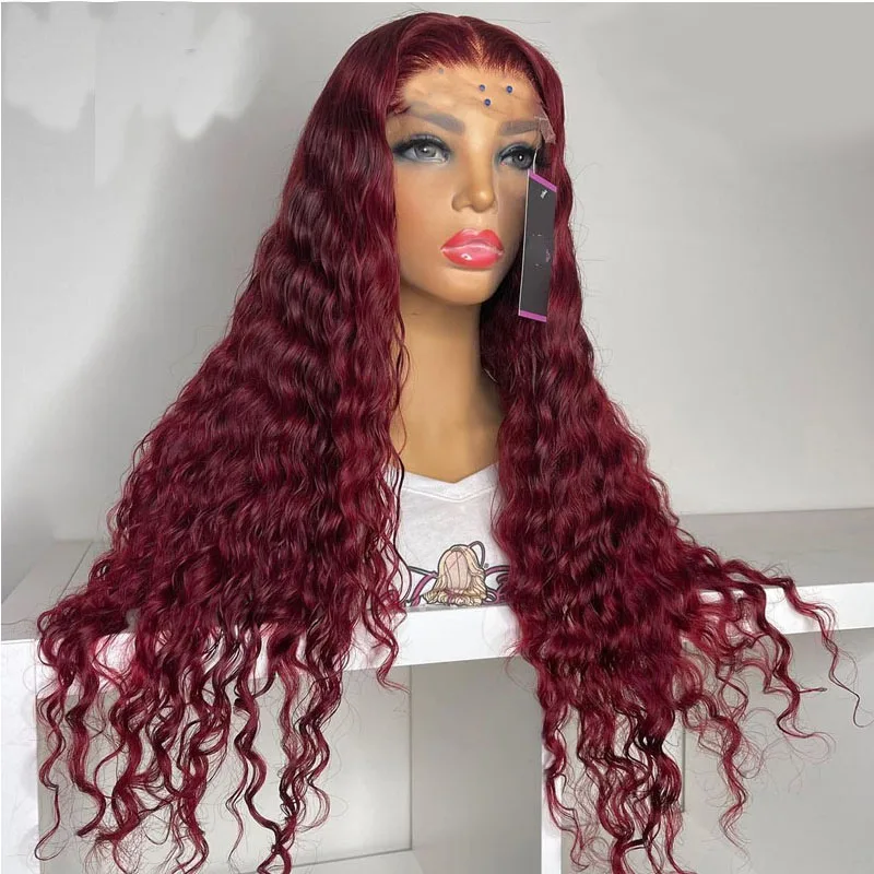 

99j Soft 26inch Long Kinky Curly Burgundy 180Density Lace Front Wig For Black Women Babyhair Preplucked Heat Resistant Glueless