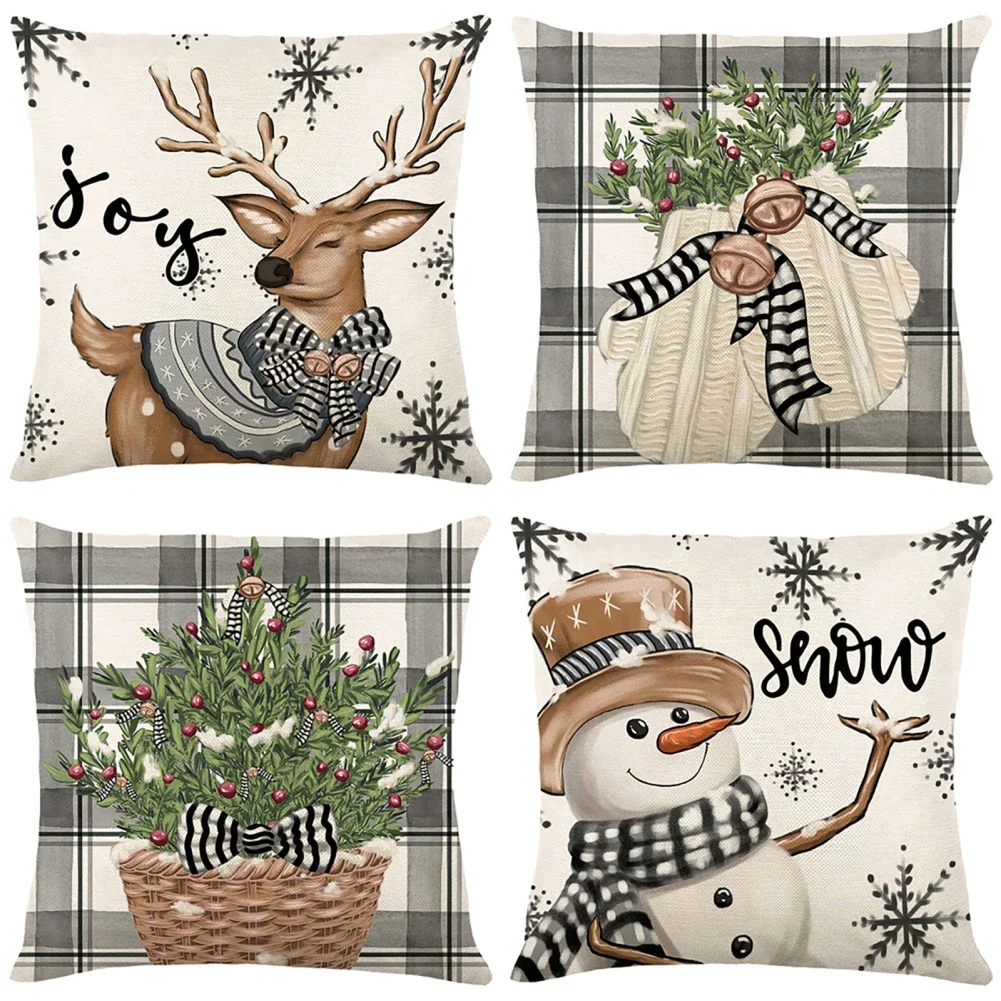 

4pcs Linen Christmas Pillow Cover Invisible Zipper Design Christmas Tree Elk Snowman Pattern Throw Pillowcase For Sofa Couch