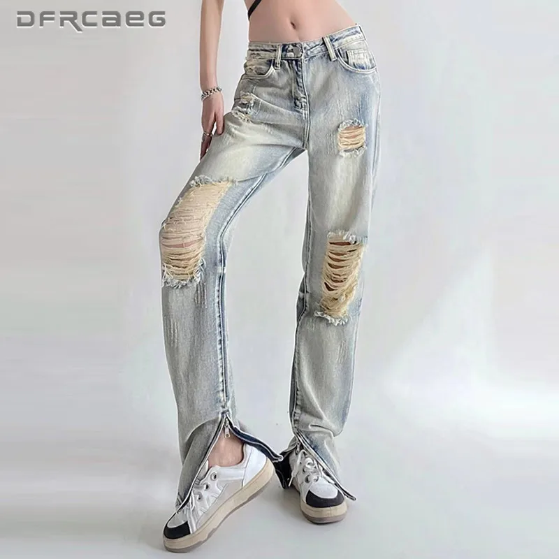 

Винтажные рваные летние женские джинсы с боковой молнией и дырками, 2022, женские джинсы с высокой талией в стиле ретро, потертые хлопковые джинсовые брюки, женские джинсовые брюки ярко-синего цвета