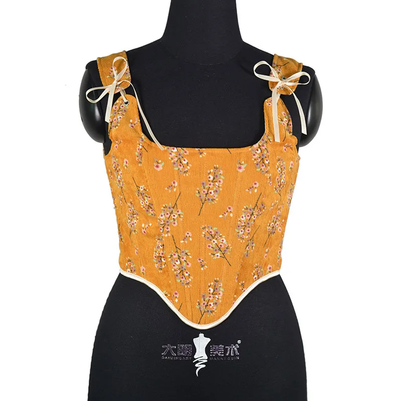 

Women Vintage Abdomen Corset Tight Fitting Corduroy Bustiers Bones Lace Up Orang Corset Floral Prints Slimming Shaping Tank Tops