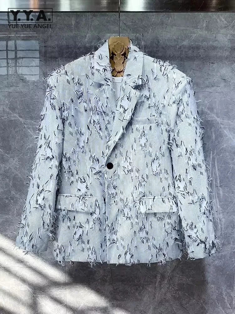 

Куртка мужская демисезонная свободного кроя, дизайнерский Однобортный блейзер с лацканами и бахромой в полоску, пиджак с длинным рукавом, верхняя одежда