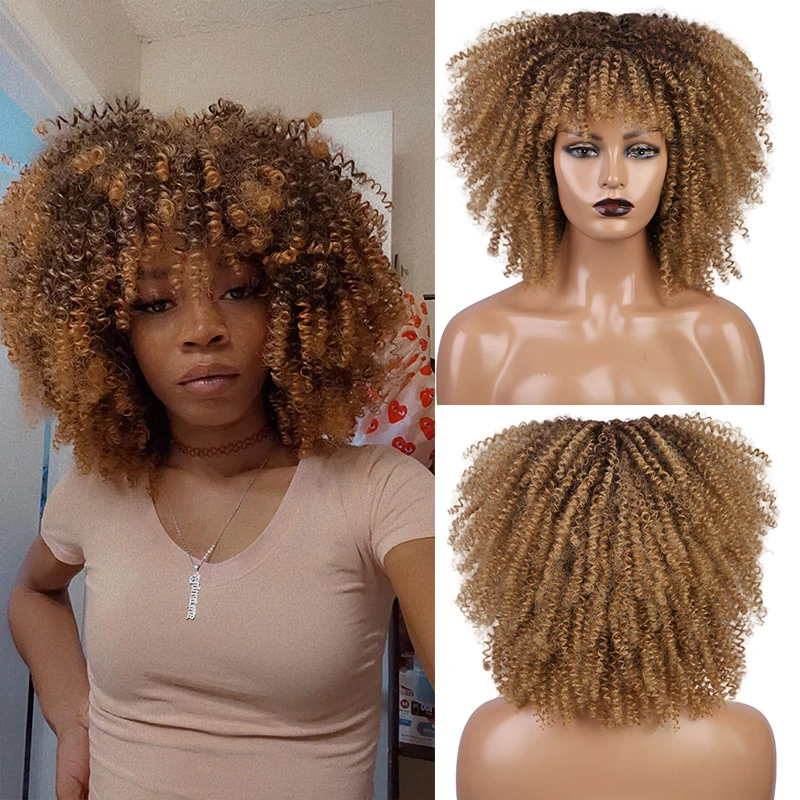 

Short Afro Wigs for Women Ombre Bouncy Fluffy Kinky Curly Wig with Bangs Natural Synthetic Heat Resistant Bomb Curly Wig Cosplay