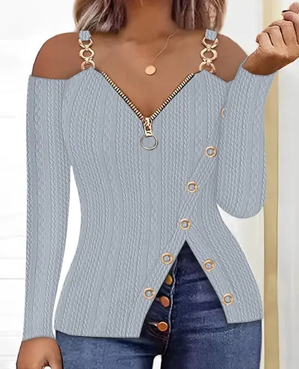 Fashion Summer Blouse 2023 New Solid Color Cold Shoulder Chain Decor Slit Cable Textured Top Long Sleeve V-Neck Casual T-Shirt
Fashion Summer Blouse 2023 New Solid Color Cold Shoulder Chain Decor Slit Cable Textured Top Long Sleeve V-Neck Casual T-Shirt