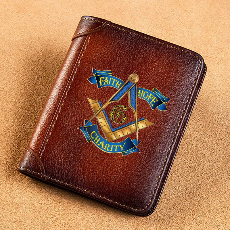 

High Quality Genuine Leather Wallet New Arrivals Freemason Faith Hope Charity Printing Standard Short Purse BK3700