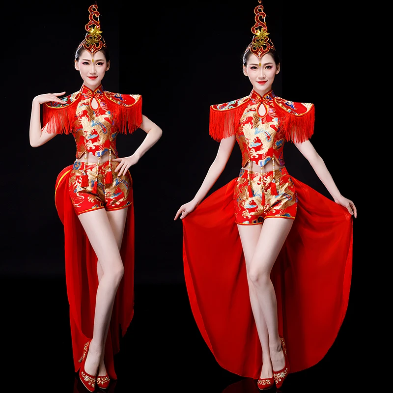 

Drumming Clothing New Chinese Style National Dance Costume Female Cheongsam Fan Water Drum