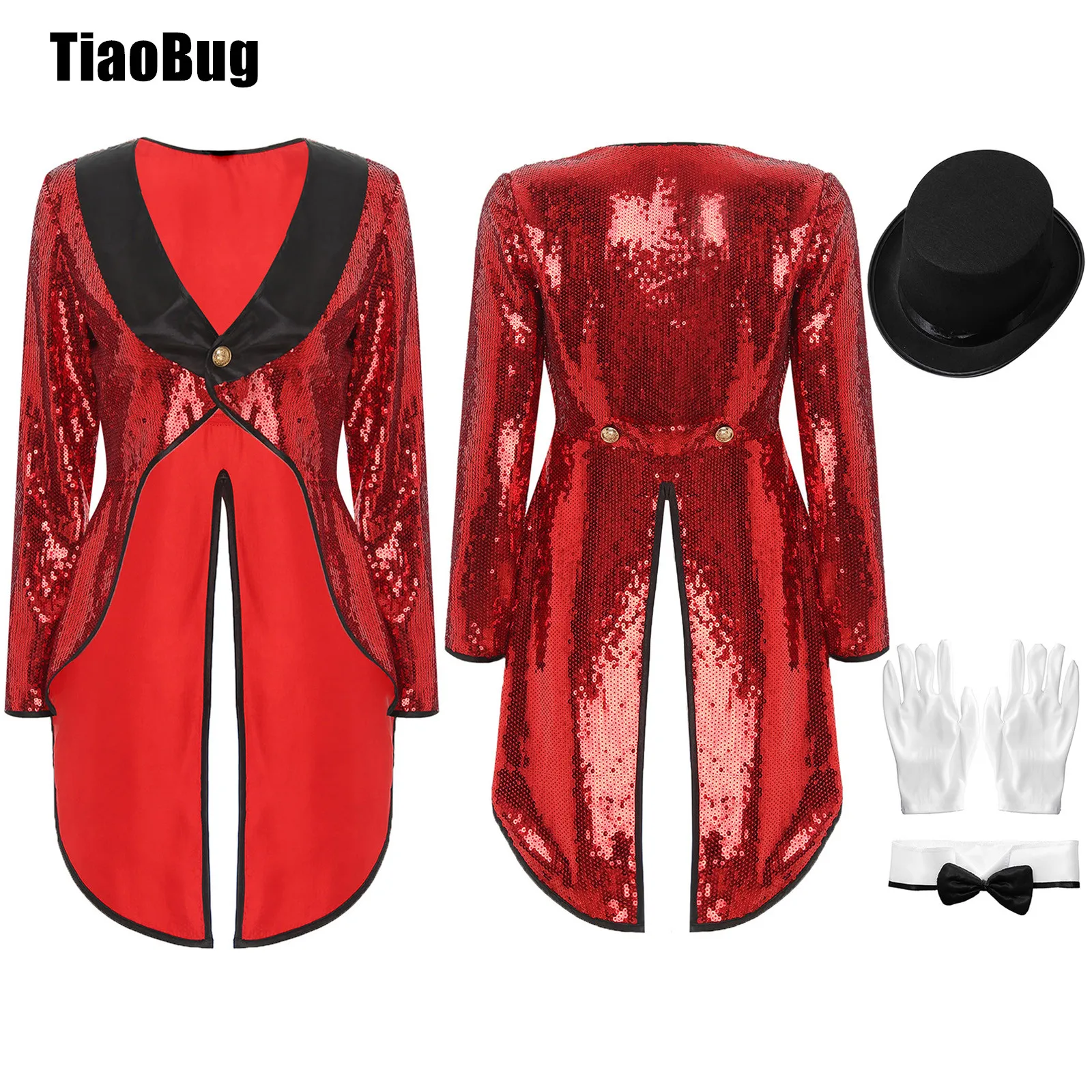 Womens Magician Costume Set Halloween Cosplay Long Sleeve One-Button Patchwork Sequin Tailcoat with Hat Bow Collar Gloves
Womens Magician Costume Set Halloween Cosplay Long Sleeve One-Button Patchwork Sequin Tailcoat with Hat Bow Collar Gloves