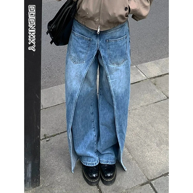 

Разборные женские джинсы вокруг дизайна, свободные широкие брюки в американском стиле, винтажные повседневные Прямые джинсовые брюки на весну