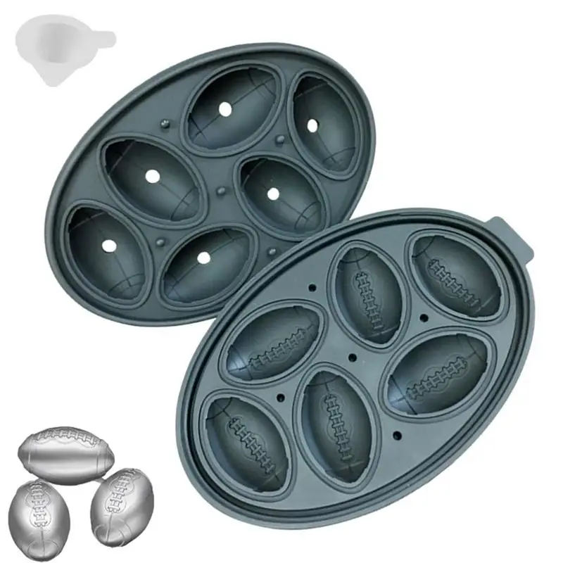 

6 Cavity Oval Shape Silicone Ice Tray With Lid And Funnel Reusable Rugby Ice Mold Freezer Ice Ball Trays For BPA Free Leak Free