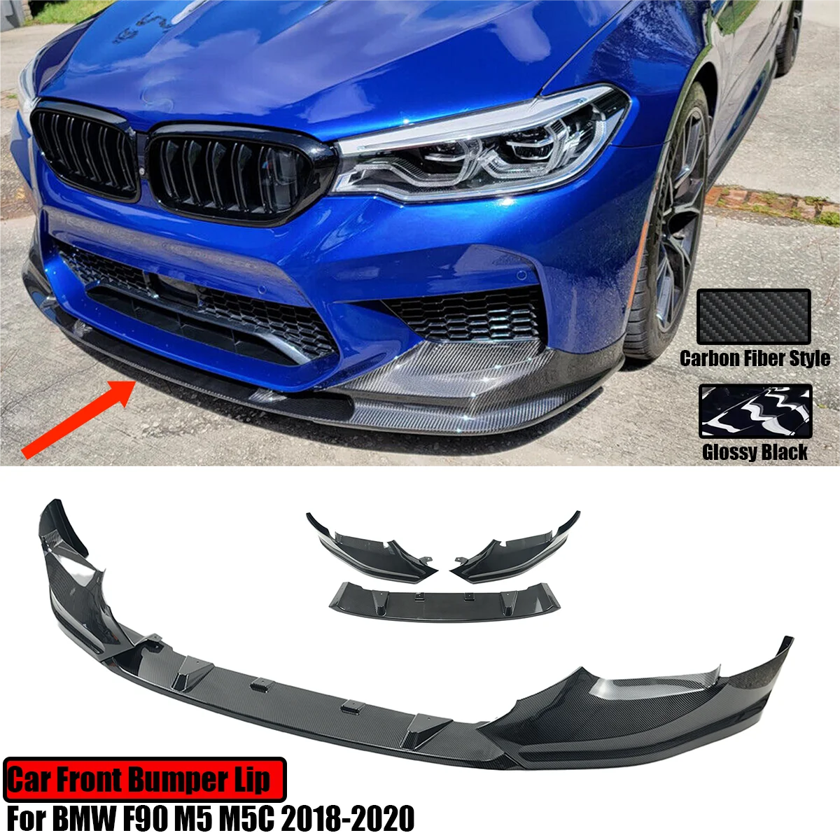 

For BMW F90 M5 M5C 2018-2020 Car Front Bumper Lip Glossy Black Carbon Fiber Look Spoiler Side Splitter Diffuser Guard Trim