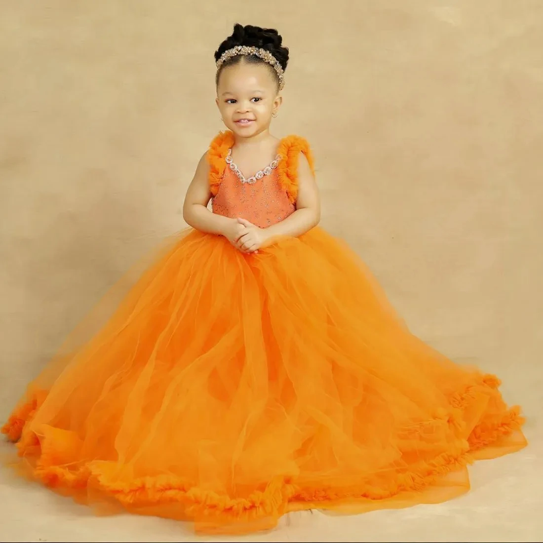 

Orange Flower Girl Dresses Ruffles Ball Gown Beaded Princess Baby Girls First Birthday Party Pageant Dress For Wedding