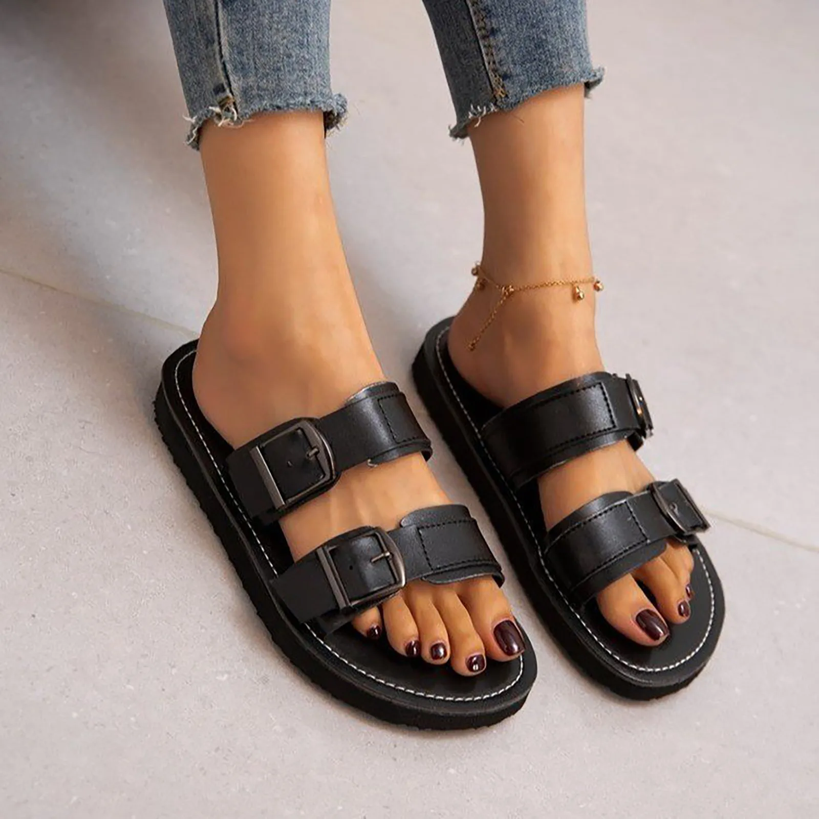 

Sandal of Women British Style Rome Shoe Comfy Soft Leather Summer Sandalias Metal Buckle Casual Slipper Flat Platform sandalias