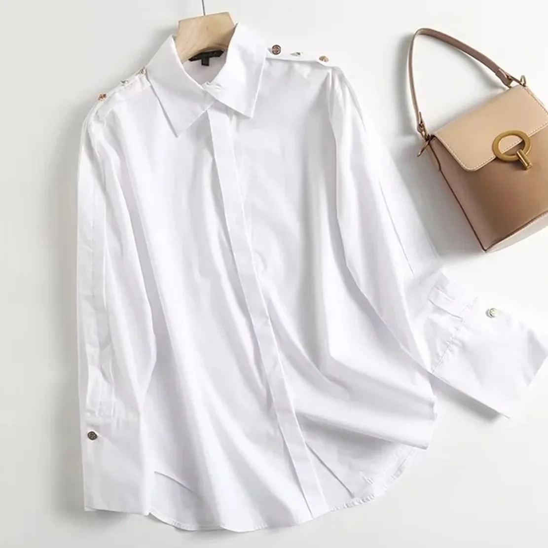 Maxdutti Cotton Long Sleeve Blouse Women Autumn Shirt Fashion Vintage Buttons on Shoulder Epaulets Pure White Blouse
Maxdutti Cotton Long Sleeve Blouse Women Autumn Shirt Fashion Vintage Buttons on Shoulder Epaulets Pure White Blouse