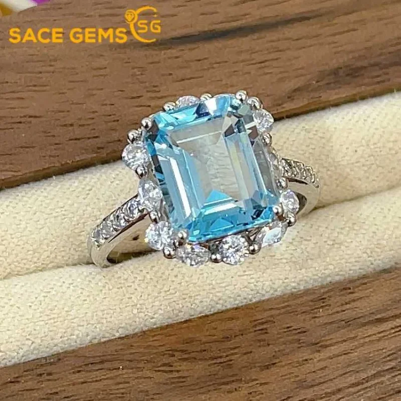 

SACE GEMS New Certified 8*10MM Natual Sky Blue Topaz Rings for Women 925Sterling Silver Wedding Party Fine Jewelry Festival Gift