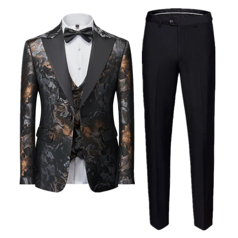 

Men Suit 3 Pieces Dark Gray Flory Pattern Business Daily Casual For Wedding Groom Banquet Work Set Jacket Vest With Pants