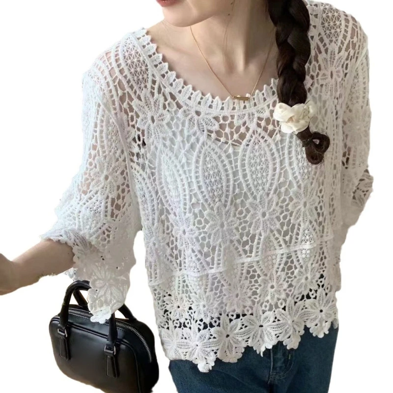 

Womens Summer Crochet Cover Ups Long Sleeve Oversized Beach Mesh Top Swimwear Knitted Bathing Suit Cover Up