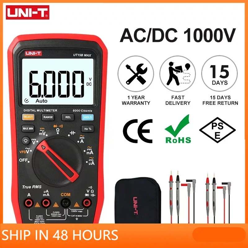 

UNI T Professional Digital Multimeter Tester UT15B MAX 1000V AC DC Voltage Meter Capacitor Tester True RMS Electric Multi Meter