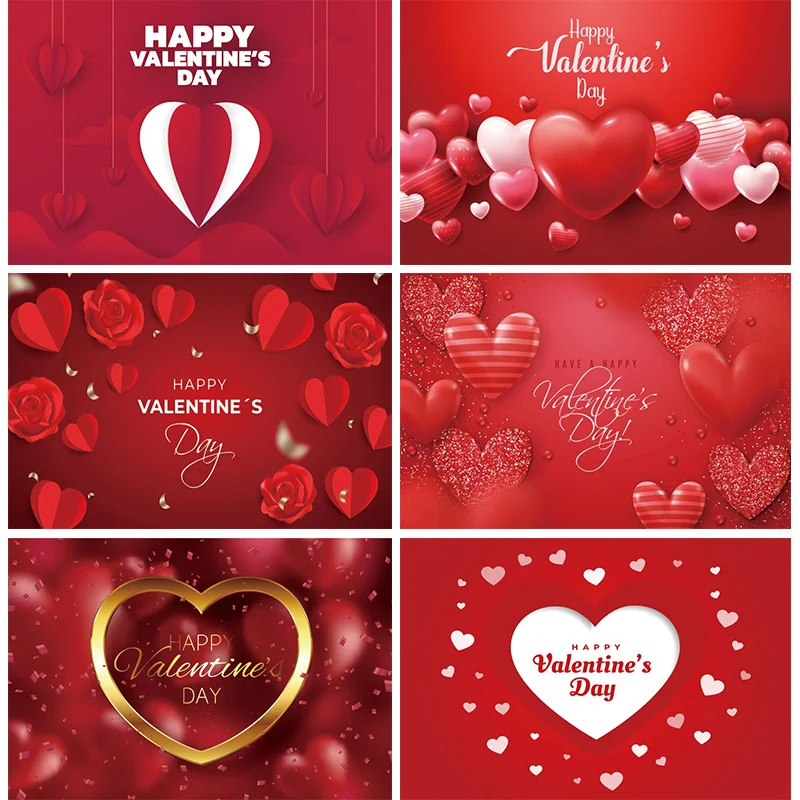 

Happy Valentines Day Backdrop Photography Red Heart Balloons Wedding Decoration Banner Couple Kissing Photo Booth Background