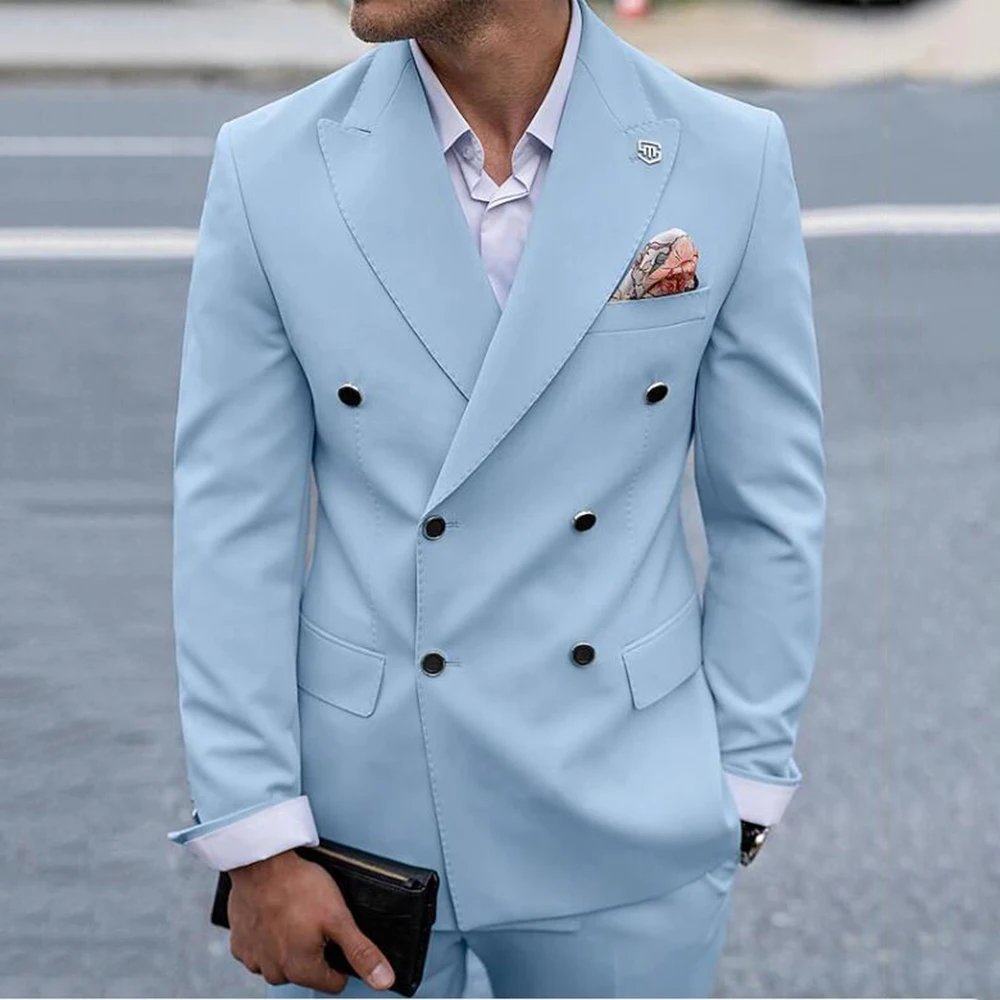 

Double Breasted Sky Blue Men Suits Slim Fit Peak Lapel Groom Wedding Suits Blazer Tailor-made Best Men Tuxedos Costume Homme