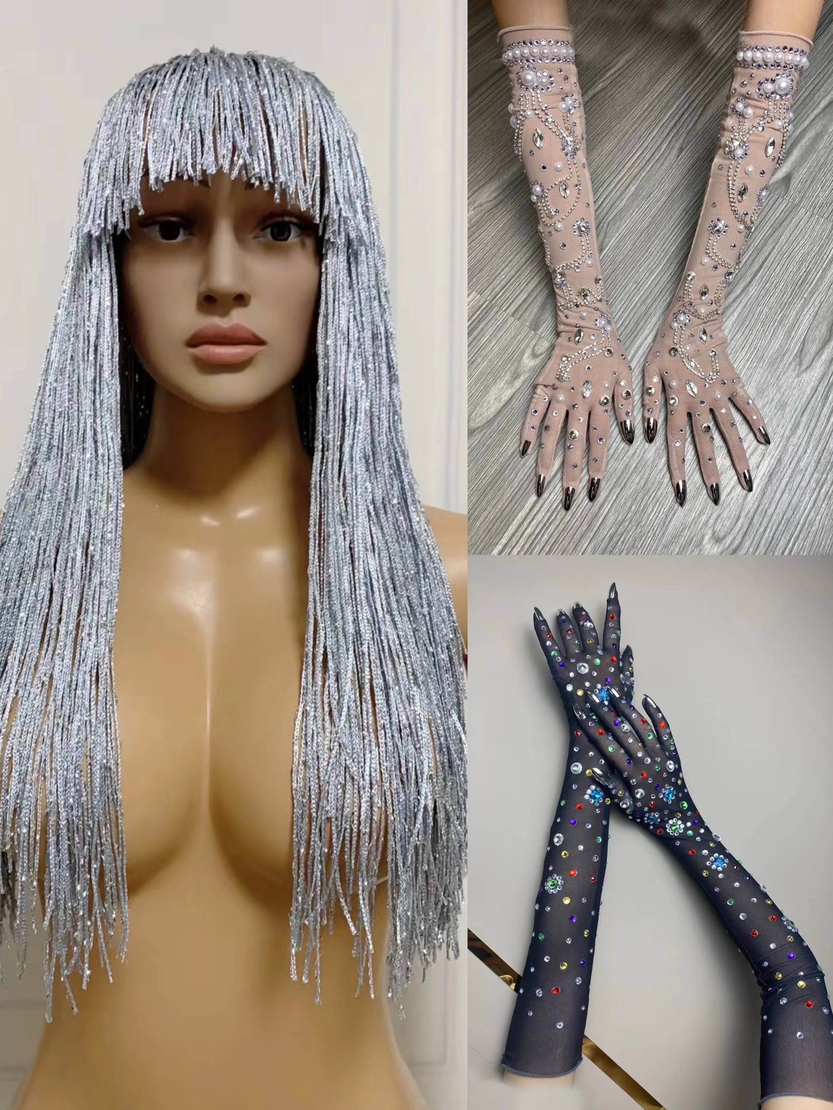 New Sexy Silver Sequin Tassel Wigs Glove Set Women Birthday Party Fringes Headwear COS Long Wig Dance Performance Accessories
New Sexy Silver Sequin Tassel Wigs Glove Set Women Birthday Party Fringes Headwear COS Long Wig Dance Performance Accessories