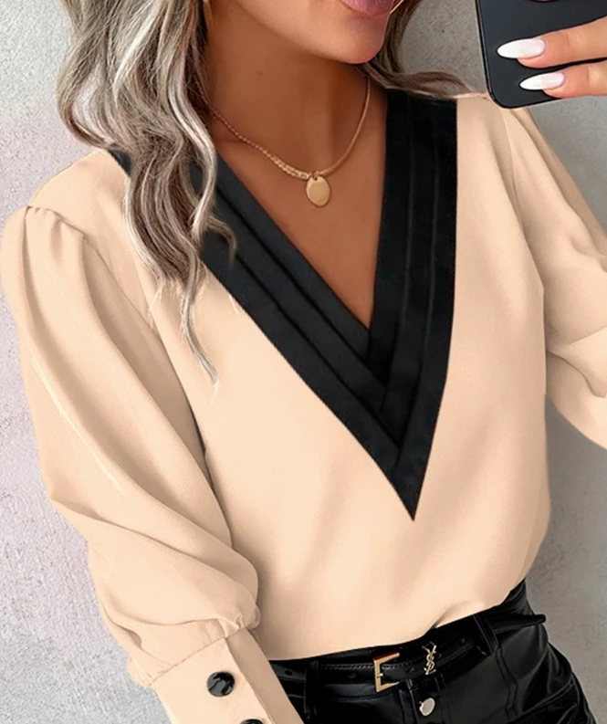 

V-Neck Blouses Top New Hot Selling Autumn Winter Fashion Women's Contrast Paneled Gigot Sleeve Buttoned Casual Temperament Style