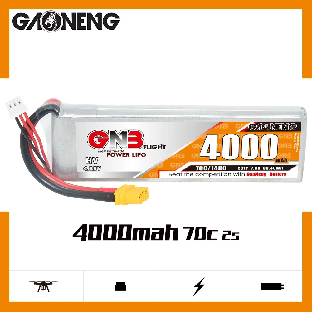 

GAONENG GNB 4000mAh 2S/3S/4S/5S/6S 7.6V/11.4V/15.2V/19.0V/22.8V 70C HV LiPo Battery with XT60/XT90/T Plug for RC Cars Boat Drone