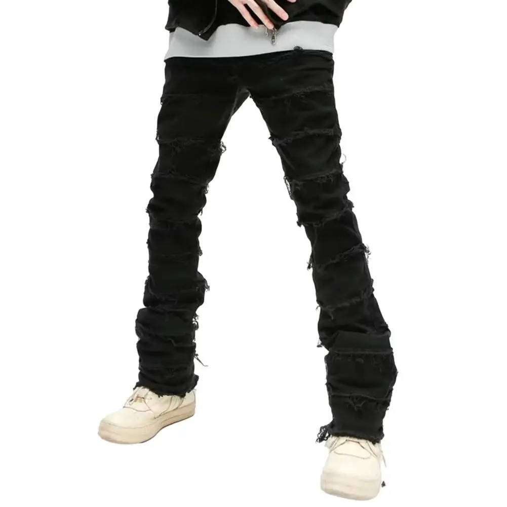 

Burr Edge Detail Black Trousers Streetwear Men's Ripped Denim Pants Slim Fit Straight Leg Hip Hop Trousers Solid Color Burr Edge