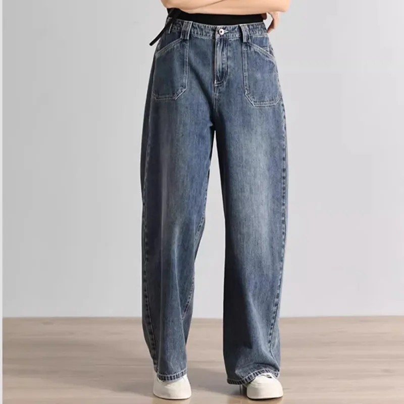 

2024 Spring New Korea Fashion Women Cotton Denim Wide Leg Pants All-matched Casual Vintage Blue Simple Loose Jeans P570