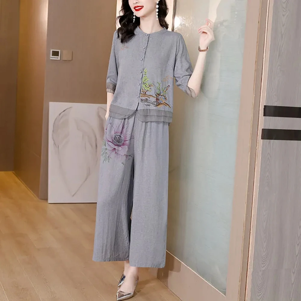Womens Summer Cotton Linen Outfits Female 2pcs Clothing Sets Gray Embroider Shirt Blouse and Loose Pants
Womens Summer Cotton Linen Outfits Female 2pcs Clothing Sets Gray Embroider Shirt Blouse and Loose Pants