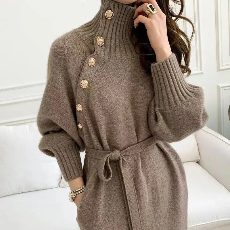 

2023 New Autumn Winter French Temperament Undercoat Sweater Long Knee-length Knitted Dress Belted High-neck One Piece Loose Knit