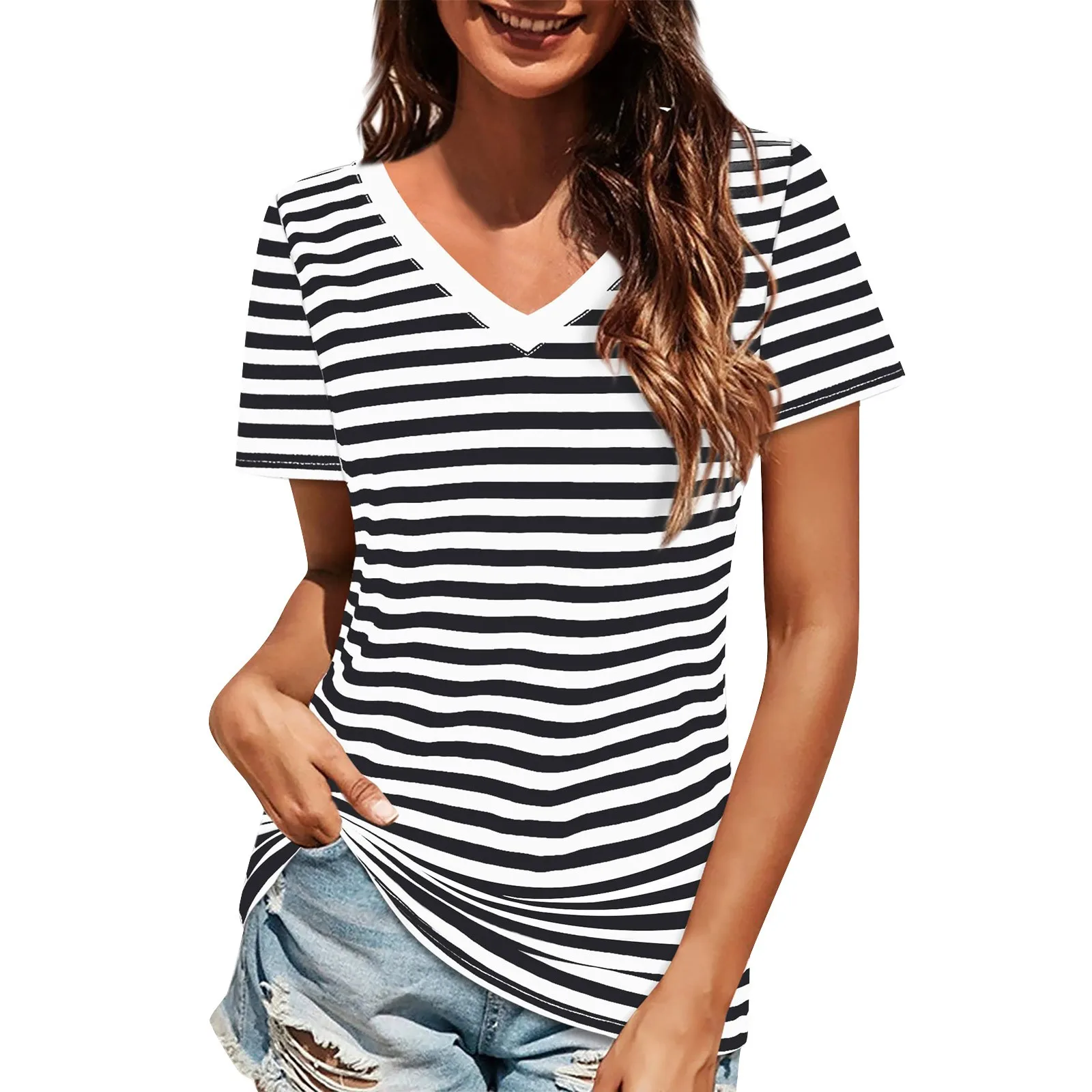 

Womens Tshirts V Neck Short Sleeve Tops Tee Striped Print Blouse tops de talla grande plus size oberteile camisas e blusas 티셔츠