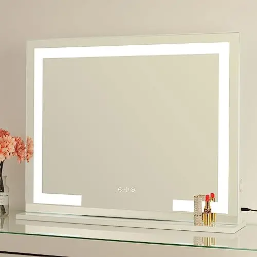 

Mirror with Lights, Lighted Vanity Mirror with Dimmable 3 Lighting Modes LED Strip, -Mounted and Tabletop Dresser Mirror with US