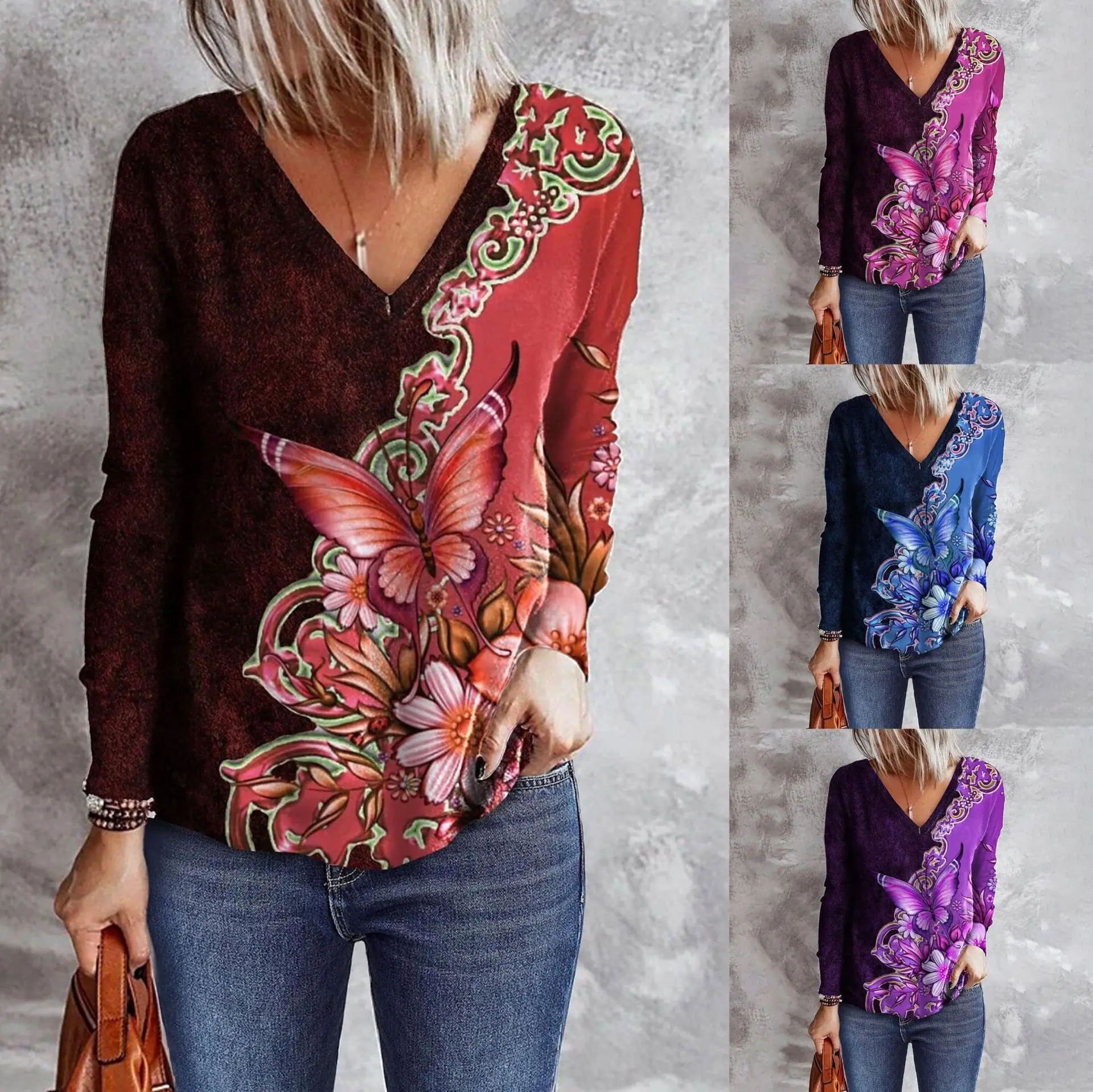 Spring and Autumn Fashion Women's Flower Butterfly Print V-Neck Long Sleeve Loose T-shirt Female & Lady Casual Commuter Versatil
Spring and Autumn Fashion Women's Flower Butterfly Print V-Neck Long Sleeve Loose T-shirt Female & Lady Casual Commuter Versatil