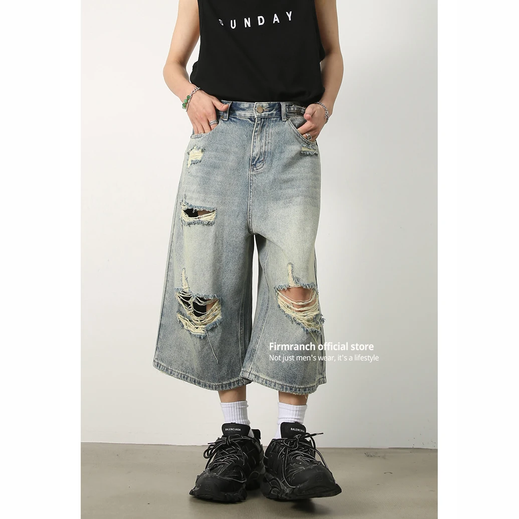 

Firmranch 2023 Ripped Blue Baggy Jorts For Men Women Oversized Mid-length Shorts Torn Jeans Ninth Denim Pants Free Shipping