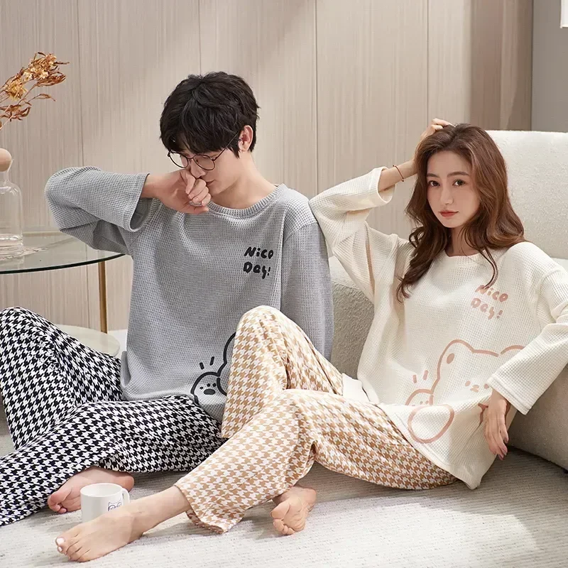 

Print Cotton Sweet Bear Pajamas Winter Lover Long Suit Neck Round Nightwear Pyjamas Autumn Couple Men 2piece Pure Sleeve Set