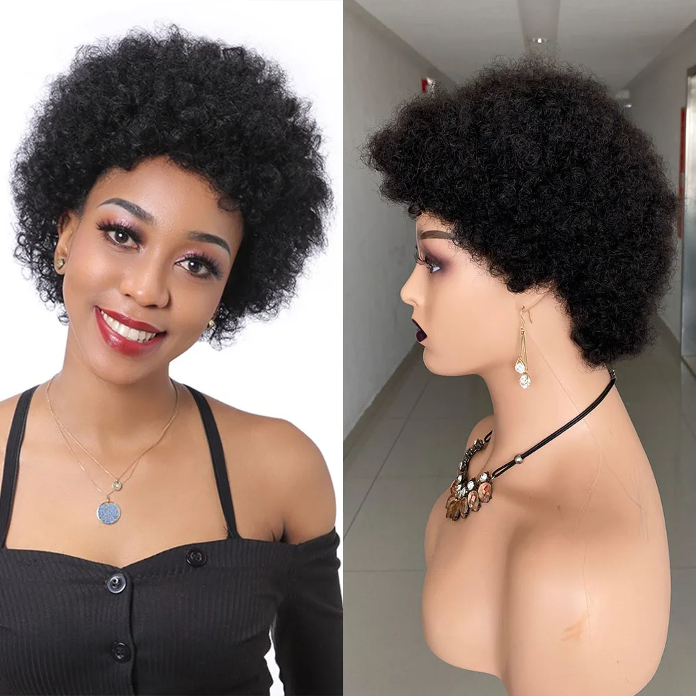 

Afro Kinky Curly Wigs For Black Women Remy Brazilian Human Hair Glueless Cheap Afro Puff Curly Short Pixie Cut Human Hair Wigs
