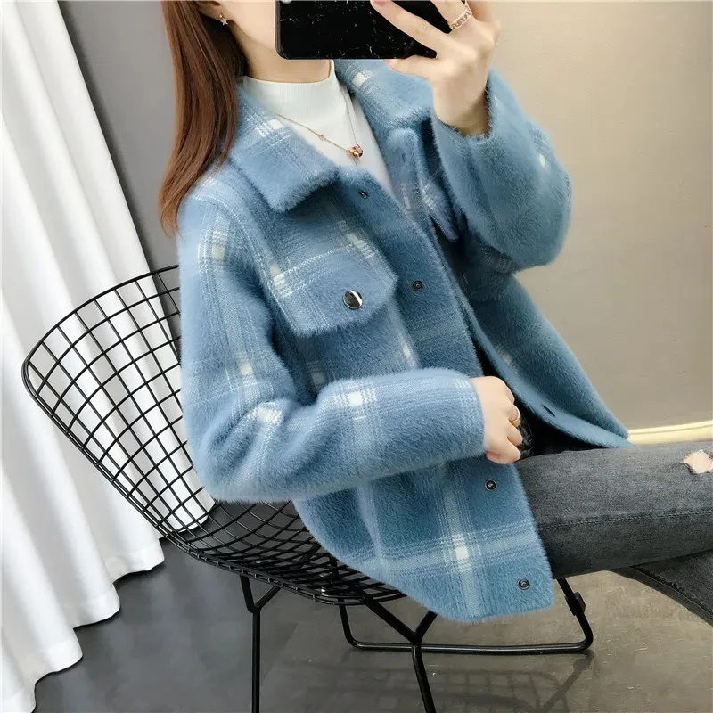 

Women Imitation Mink Short Coat 2022 New Autumn Winter Jacket Loose Plaid Knitted Sweater Cardigan Coats Female Tops Outerwear