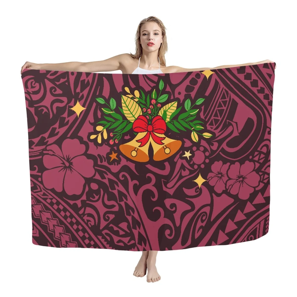 

HYCOOL Burgundy Hibiscus Polynesian Tribal Print Bell Hawaii Lavalava Sarong Swimwear Sexy Cover Ups Swimsuit Women's Beach 2023