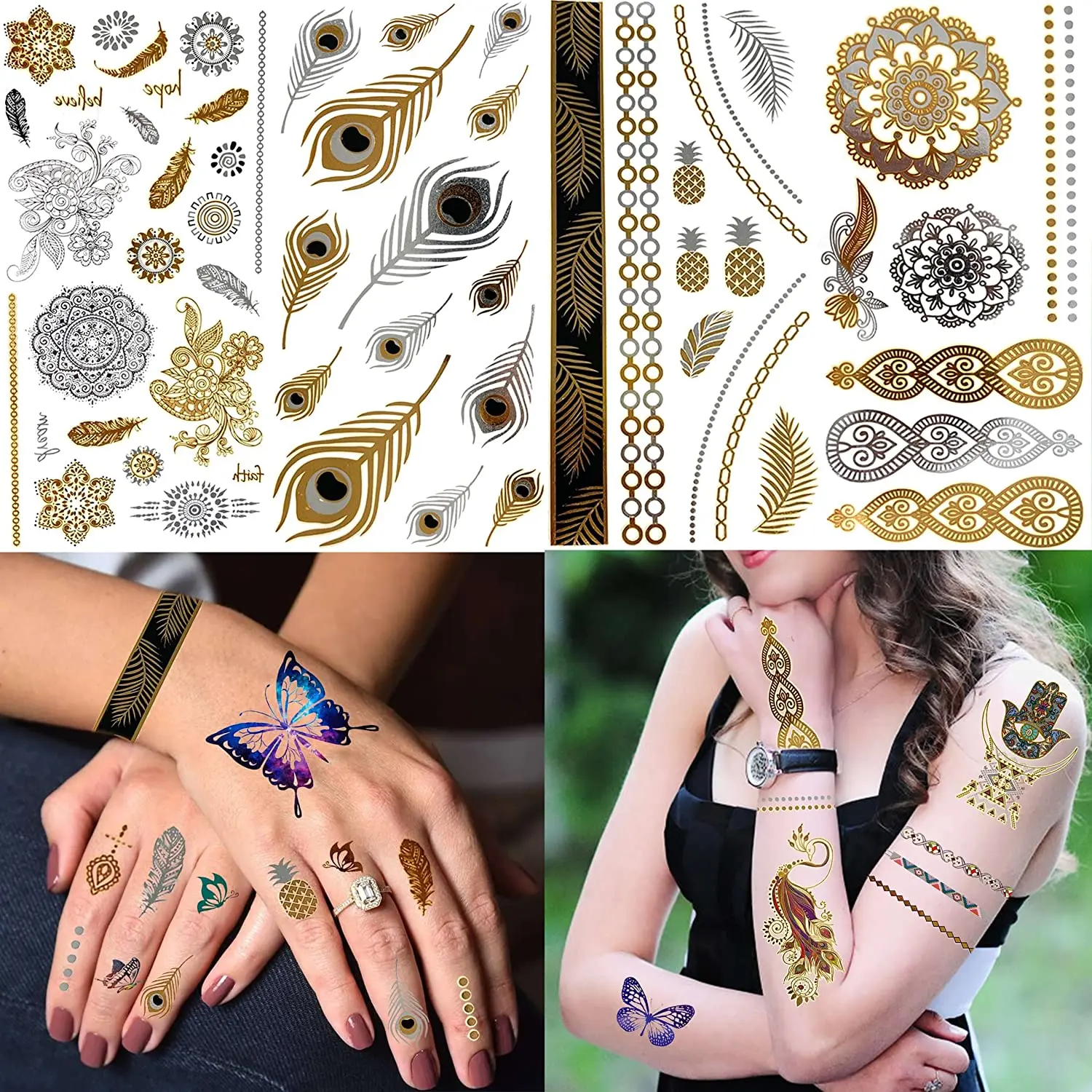 Gold Temporary Tattoos For Women Adults Metallic Peacock Feather Mandala Flower Glitter Tattoos Decals Fake Jewels Girls
Gold Temporary Tattoos For Women Adults Metallic Peacock Feather Mandala Flower Glitter Tattoos Decals Fake Jewels Girls